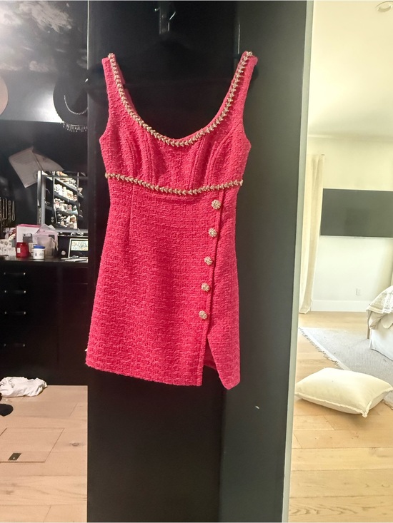 Self-Portrait Dresses & Skirts - Self-Portrait Hot Pink Tweed Tank Mini Dress with Gold Trim